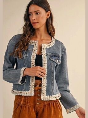 Lace Trim Cropped Denim Jacket NWT | Anniewear | L